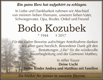 Traueranzeige von Bodo Kozubek von WVG - Wochenspiegel Dessau / Köthen