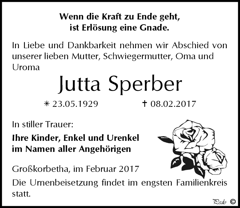  Traueranzeige für Jutta Sperber vom 11.02.2017 aus Mitteldeutsche Zeitung Weißenfels