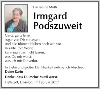 Traueranzeige von Irmgard Podszuweit von Super Sonntag SGH Mansf. Land
