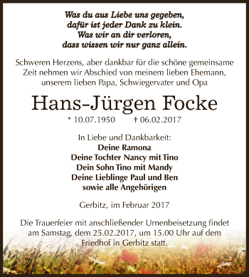 Traueranzeige von Hans-Jürgen Focke von Super Sonntag Bernburg