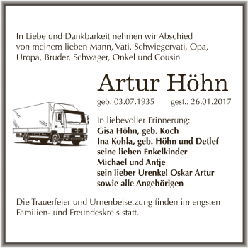 Traueranzeige von Artur Höhn von Super Sonntag SGH Mansf. Land