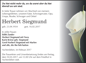 Traueranzeige von Herbert Siegmund von Super Sonntag SGH Mansf. Land