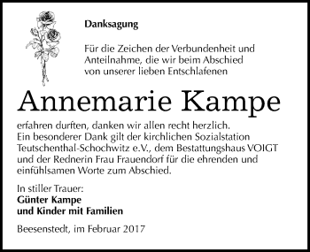 Traueranzeige von Annemarie Kampe von Mitteldeutsche Zeitung Mansfelder Land