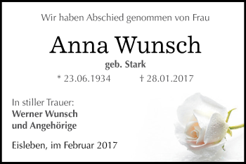 Traueranzeige von Anna Wunsch von Super Sonntag SGH Mansf. Land