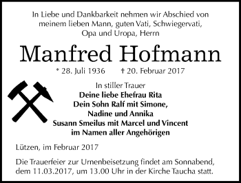 Traueranzeige von Manfred Hofmann von Mitteldeutsche Zeitung Weißenfels