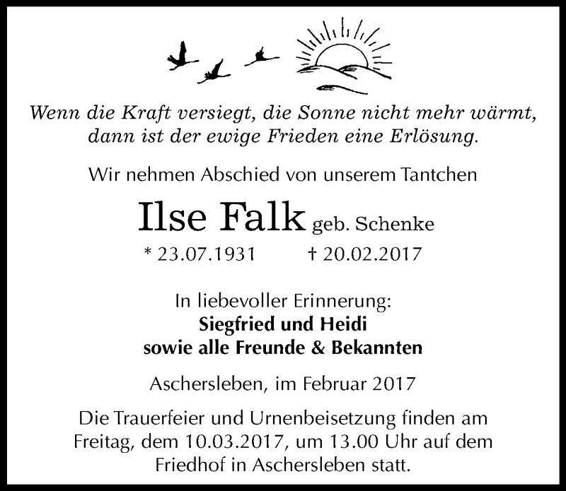  Traueranzeige für Ilse Falk vom 25.02.2017 aus Mitteldeutsche Zeitung Aschersleben