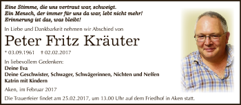 Traueranzeige von Peter Fritz Kräuter von WVG - Wochenspiegel Dessau / Köthen