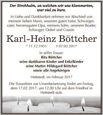 Traueranzeige von Karl Heinz Böttcher von Super Sonntag SGH Mansf. Land