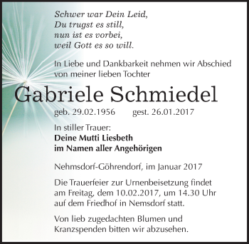 Traueranzeige von Gabriele Schmiedel von Mitteldeutsche Zeitung Merseburg/Querfurt
