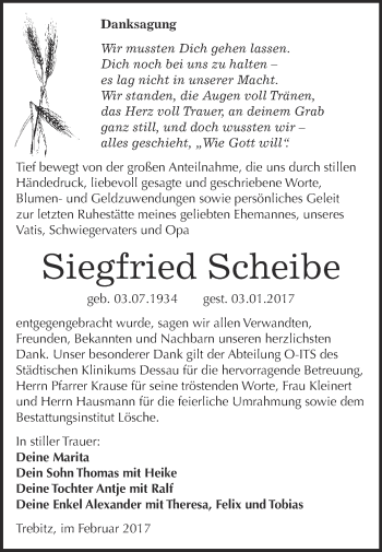 Traueranzeige von Siegfried Scheibe von Super Sonntag Wittenberg