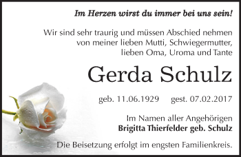 Traueranzeige von Gerda Schulz von Mitteldeutsche Zeitung
