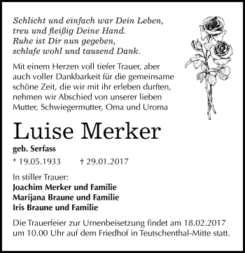 Traueranzeige von Luise Merker von Mitteldeutsche Zeitung Halle/Saalkreis