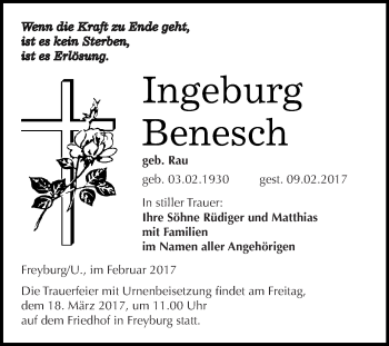 Traueranzeige von Ingeburg Benesch von WVG - Wochenspiegel NMB / WSF / ZTZ