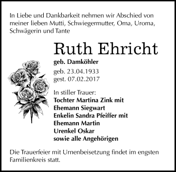 Traueranzeige von Ruth Ehricht von Mitteldeutsche Zeitung Mansfelder Land