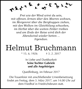 Traueranzeige von Helmut Bruchmann von Mitteldeutsche Zeitung Quedlinburg