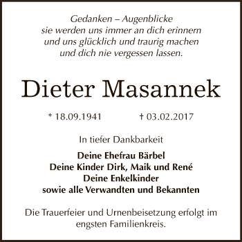 Traueranzeige von Dieter Masannek von WVG - Wochenspiegel Dessau / Köthen