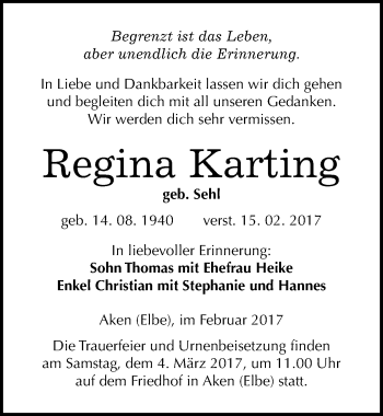 Traueranzeige von Regina Karting von Mitteldeutsche Zeitung Köthen