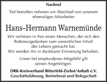 Traueranzeige von Hans-Hermann Warnemünde von Mitteldeutsche Zeitung Bitterfeld