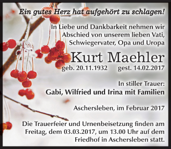 Traueranzeige von Kurt Maehler von Mitteldeutsche Zeitung Aschersleben