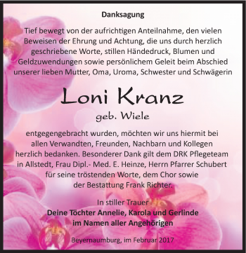 Traueranzeige von Loni Kranz von Mitteldeutsche Zeitung Sangerhausen