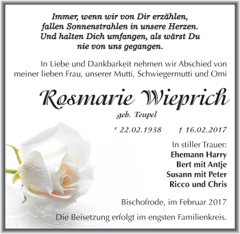 Traueranzeige von Rosmarie Wieprich von Mitteldeutsche Zeitung Mansfelder Land