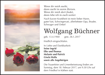 Traueranzeige von Wolfgang Büchner von Mitteldeutsche Zeitung Köthen