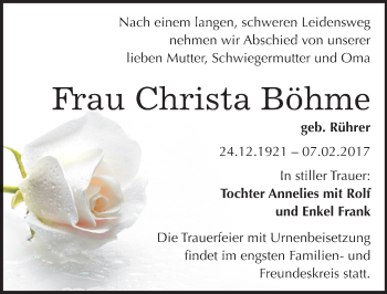 Traueranzeige von Christa Böhme von Mitteldeutsche Zeitung Bitterfeld