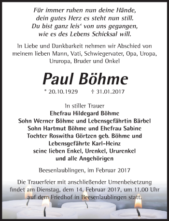 Traueranzeige von Paul Böhme von Mitteldeutsche Zeitung Bernburg
