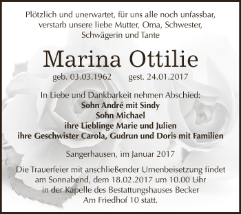 Traueranzeige von Marina Ottilie von Super Sonntag SGH Mansf. Land