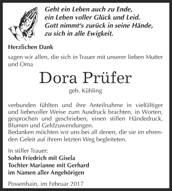 Traueranzeige von Dora Prüfer von WVG - Wochenspiegel NMB / WSF / ZTZ