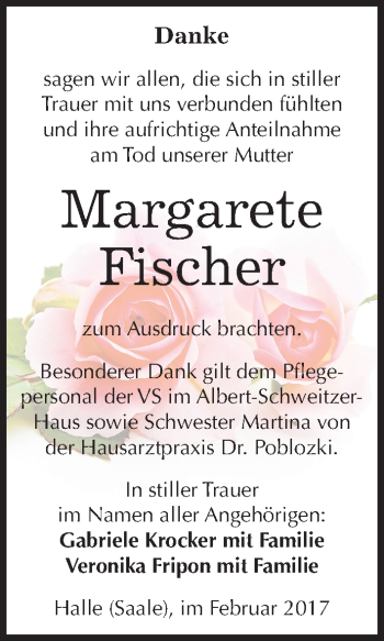 Traueranzeige von Margarete Fischer von Mitteldeutsche Zeitung Halle/Saalkreis