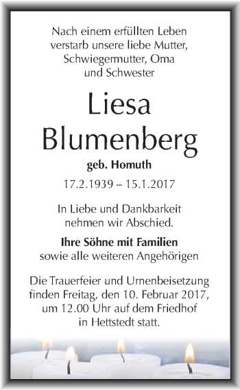 Traueranzeige von Liesa Blumenberg von Super Sonntag SGH Mansf. Land
