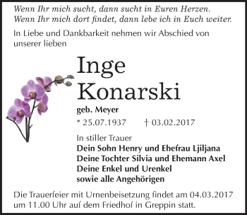 Traueranzeige von Inge Konarski von Mitteldeutsche Zeitung Bitterfeld