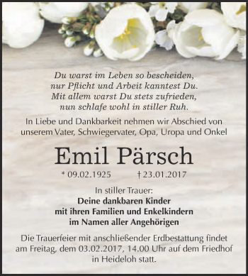 Traueranzeige von Emil Pärsch von WVG - Wochenspiegel Bitterfeld