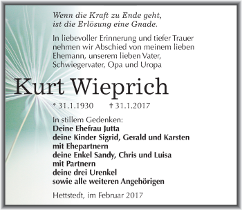 Traueranzeige von Kurt Wieprich von Mitteldeutsche Zeitung Mansfelder Land