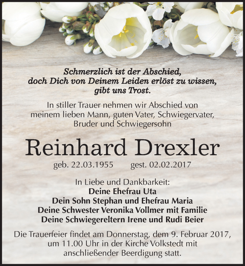  Traueranzeige für Reinhard Drexler vom 06.02.2017 aus Mitteldeutsche Zeitung Mansfelder Land