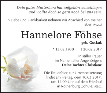Traueranzeige von Hannelore Föhse von Mitteldeutsche Zeitung Halle/Saalkreis