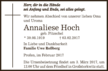 Traueranzeige von Annaliese Hoch von Super Sonntag Zeitz