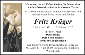Traueranzeige von Fritz Krüger von Mitteldeutsche Zeitung Bitterfeld