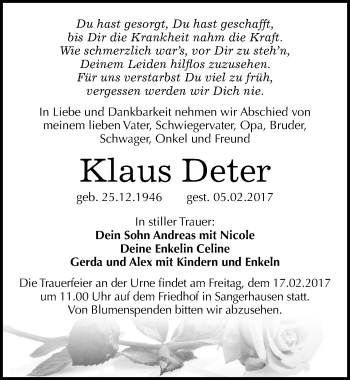 Traueranzeige von Klaus Deter von Mitteldeutsche Zeitung Sangerhausen
