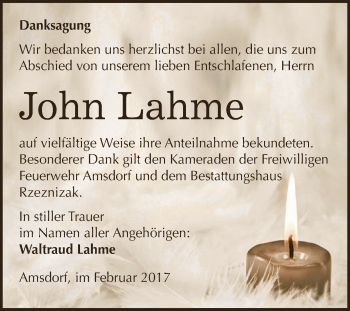Traueranzeige von John Lahme von Super Sonntag SGH Mansf. Land