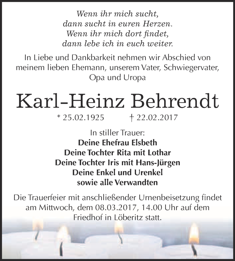  Traueranzeige für Karl-Heinz Behrendt vom 01.03.2017 aus WVG - Wochenspiegel Bitterfeld