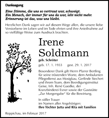 Traueranzeige von Irene Soldmann von Mitteldeutsche Zeitung Köthen