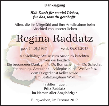 Traueranzeige von Regina Raddatz von Mitteldeutsche Zeitung Weißenfels