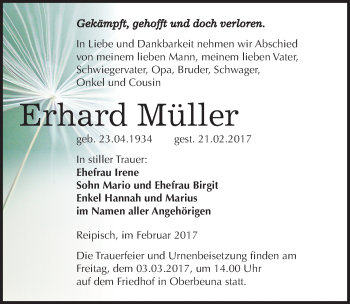 Traueranzeige von Erhard Müller von Mitteldeutsche Zeitung Merseburg/Querfurt
