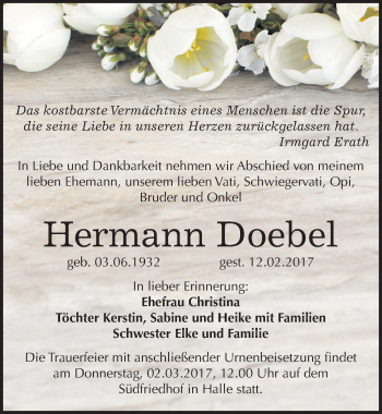 Traueranzeige von Hermann Doebel von Mitteldeutsche Zeitung Halle/Saalkreis