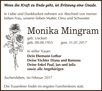 Traueranzeige von Monika Mingram von Super Sonntag SGH Mansf. Land