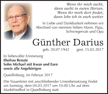 Traueranzeige von Günther Darius von Mitteldeutsche Zeitung Quedlinburg