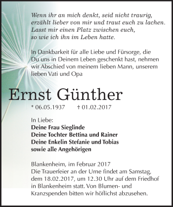 Traueranzeige von Ernst Günther von Mitteldeutsche Zeitung Sangerhausen
