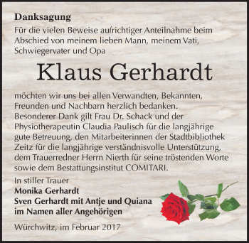 Traueranzeige von Klaus Gerhardt von Mitteldeutsche Zeitung Zeitz